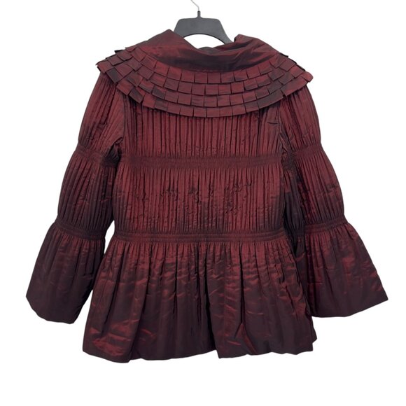Jerry T Womens Pleated Burgundy Jacket With Unique Collar & Flared Sleeves Size - Picture 10 of 12